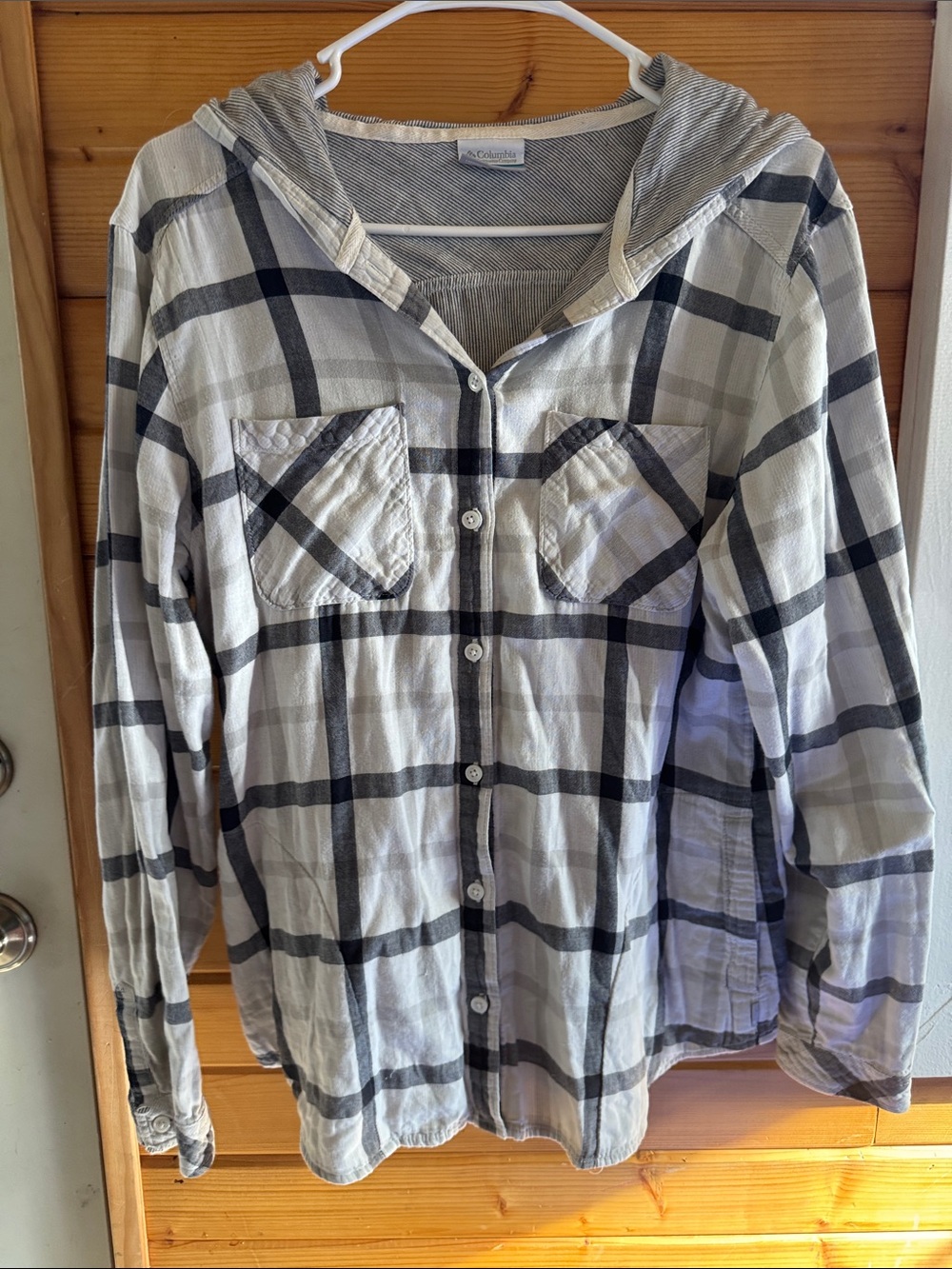 Columbia Hooded Plaid Button-Up Shirt — White & Gray
